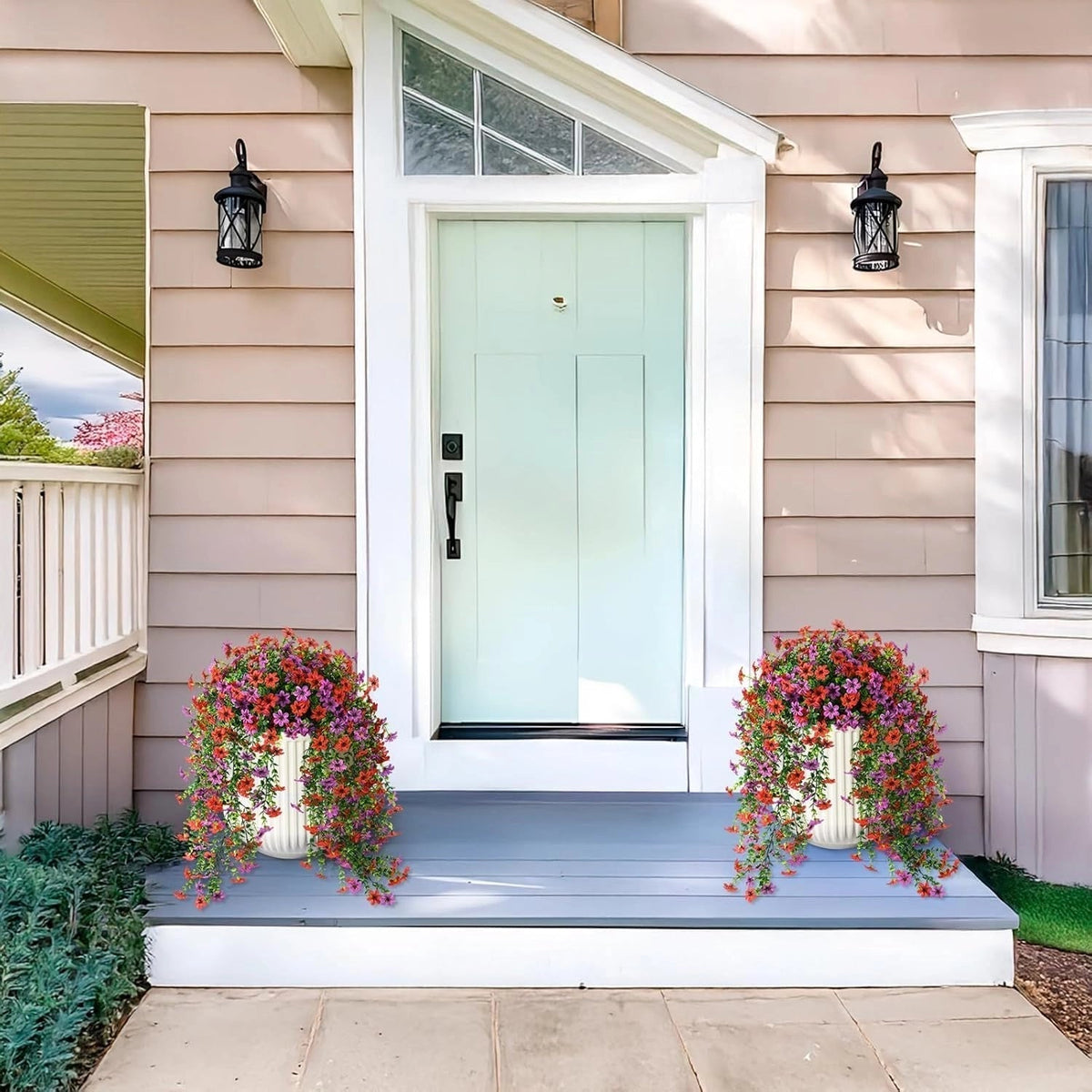 Outdoor cascading daisy and eucalyptus flowers – UV resistant