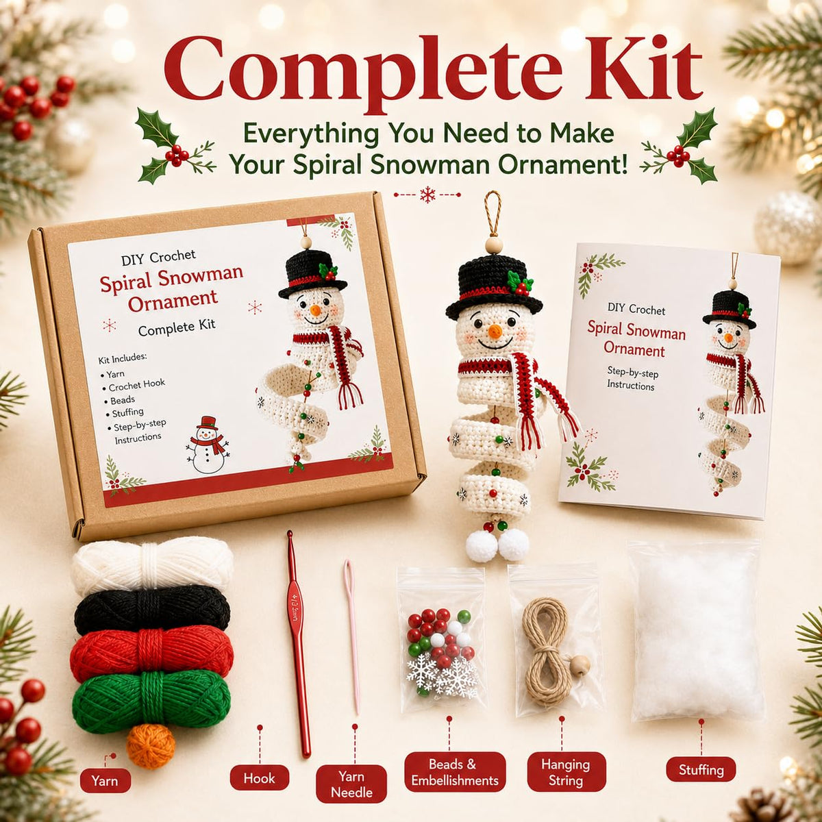 🔥3D Christmas Crafts Kit🎁Crochet Snowman Spiral Ornament DIY Kit✨