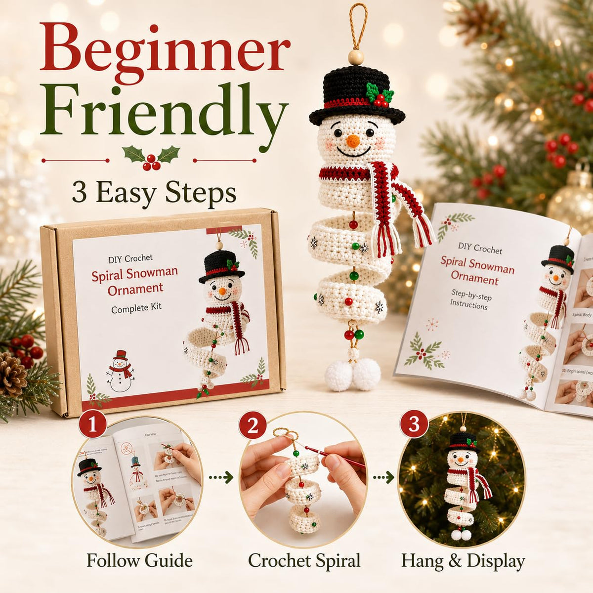 🔥3D Christmas Crafts Kit🎁Crochet Snowman Spiral Ornament DIY Kit✨